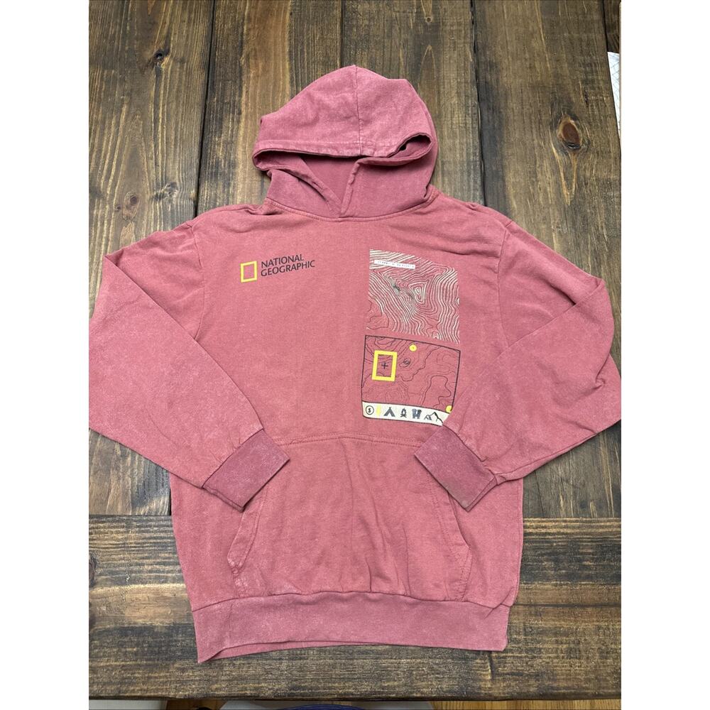 Vintage‎ Mens Small National Geographic Graphic Hoodie, Pullover Sweatshirt, Red